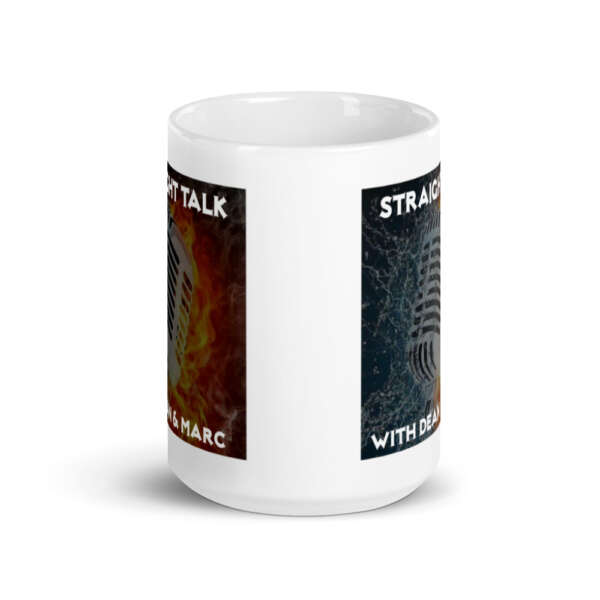 A white Straight Talk 15oz Mug with a microphone on it.